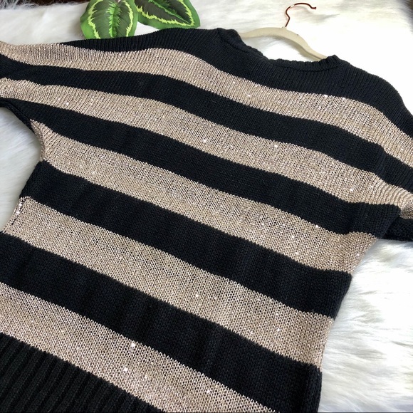 -Tan & Black Striped Knit Sparkle Sweater - Picture 8 of 12